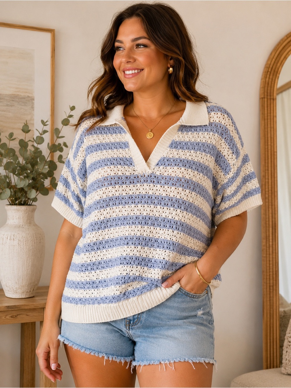 Maeve Anthropologie Blue Stripe Crochet Polo Open Back Sweater Top 1X Coastal